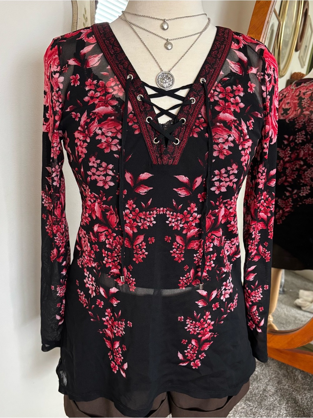 Black Floral Lace-Up V-Neck Women's Top Mesh